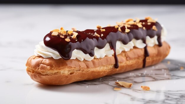 Fotografia da vicino Eclair Au Chocolat pasticceria puff cuoco professionista