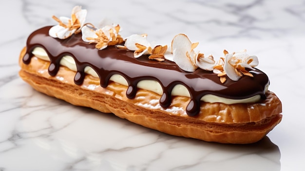 Fotografia da vicino Eclair Au Chocolat pasticceria puff cuoco professionista