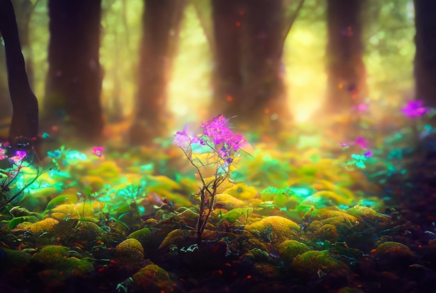Fotografia da vicino Foresta magica con piante vivaci e luminose sfondo