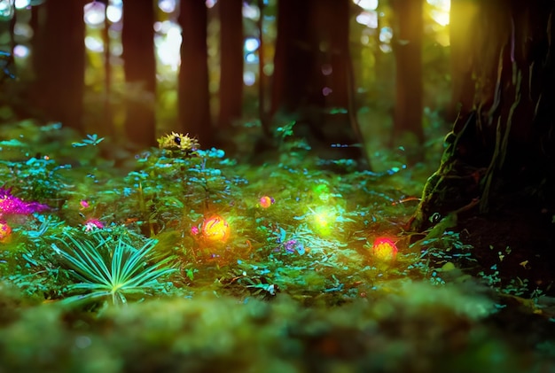 Fotografia da vicino Foresta magica con piante vivaci e luminose sfondo