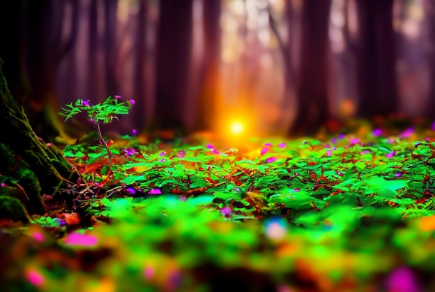 Fotografia da vicino Foresta magica con piante vivaci e luminose