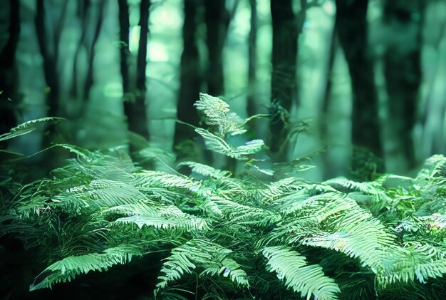 Fotografia da vicino Foresta magica con piante vivaci e luminose