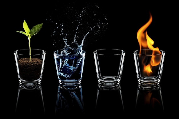 Fotografia dei quattro elementi in bicchieri d'acqua
