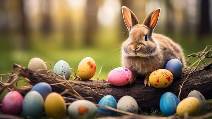 Foto fotografia del coniglietto con le uova di pasqua ar 1