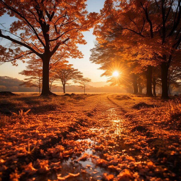 Fotografia del paesaggio autunnale illuminato dal sole