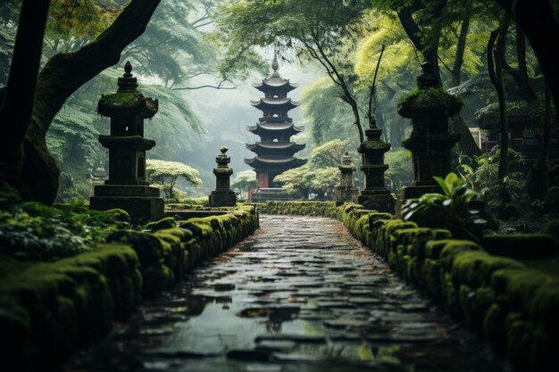 Fotografia del paesaggio di un'antica pagoda immersa in un'IA generativa