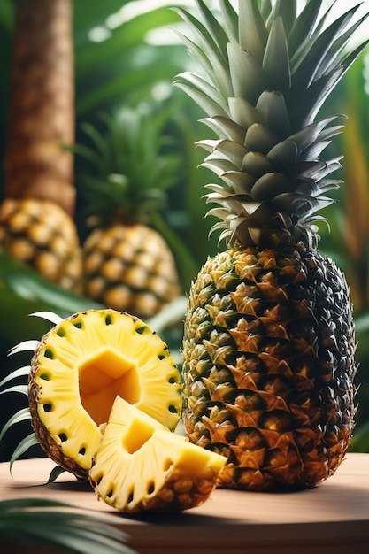 Fotografia del podio mockup sullo sfondo Ananas sullo sfondo sfocato per la presentazione di un rendering 3D cosmetico