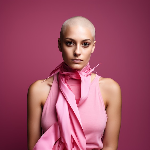 Fotografia del primo piano di una giovane donna determinata con la testa rasata che indossa una fascia rosa