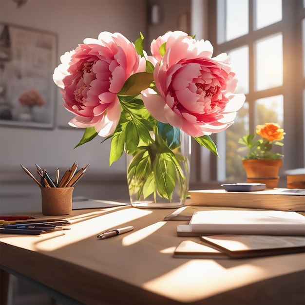 Fotografia del prodotto Bella scena di fiori di peonia rossa sulla scrivania La luce del sole risplende da sinistra