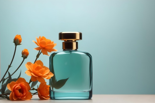Fotografia del prodotto bottiglia di profumo vuota e fiori d'arancio isolati su sfondo verde acqua