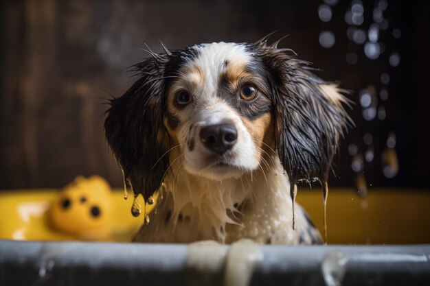 Fotografia del simpatico cane bagnato nella vasca da bagno con schiuma