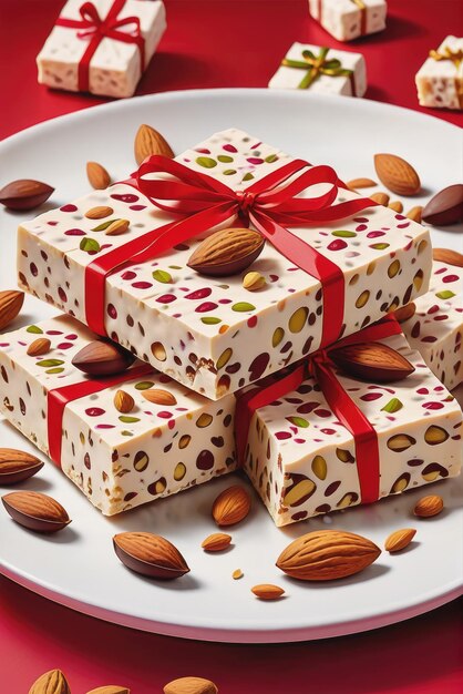 Fotografia del tradizionale nougat di Natale con mandorle e cioccolato