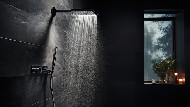 Fotografia dell'acqua che scorre da un soffione della doccia in un bagno con uno sfondo nero scuro Interni dal design scandinavo e moderno