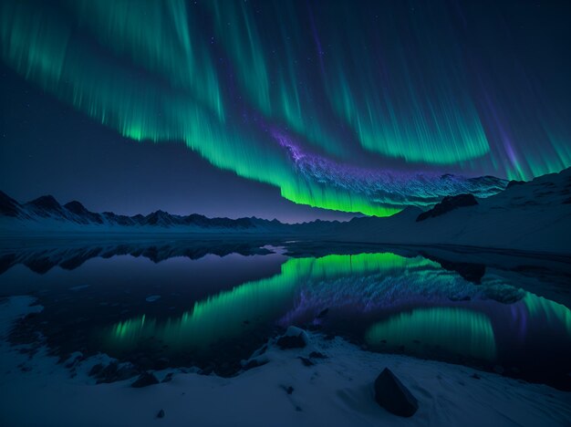 Fotografia della splendida Aurora Boreale riflessa nelle acque calme