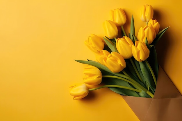 Fotografia della vista dall'alto di copia spazio e busta gialla e bouquet di tulipani gialli con copia incolla sfondo giallo AI generativa