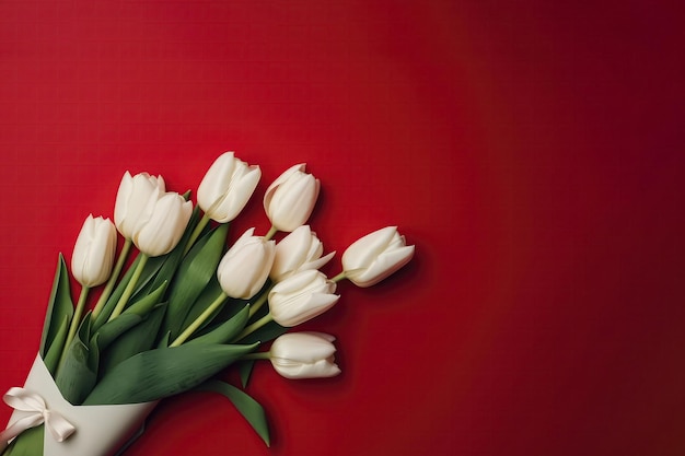 Fotografia della vista dall'alto di copia spazio e busta rossa e bouquet di tulipani bianchi con copia incolla sfondo rosso AI generativa