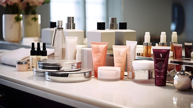 Fotografia dettagliata di prodotti per la cura della pelle e cosmetici in una stanza di estetista