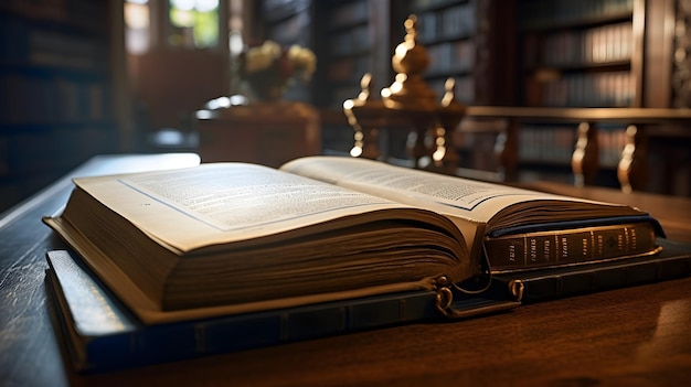 Fotografia dettagliata di un libro aperto in una biblioteca