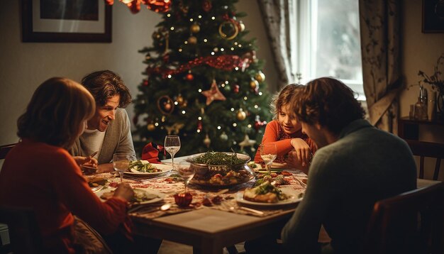 fotografia dettagliata di una famiglia che ha la cena di Natale intorno al tavolo