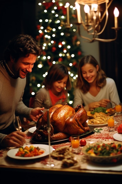 fotografia dettagliata di una famiglia che ha la cena di Natale intorno al tavolo