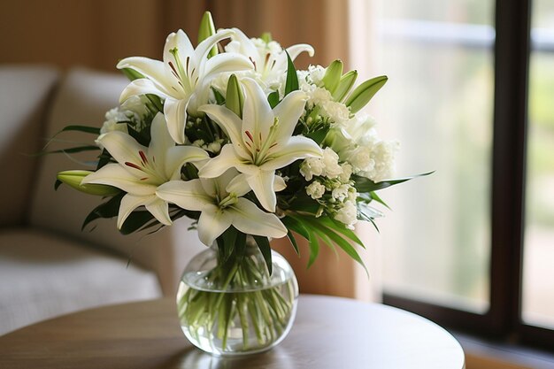 Fotografia di alto livello di un bouquet di gigli su uno sfondo bianco per una sensazione minimalista