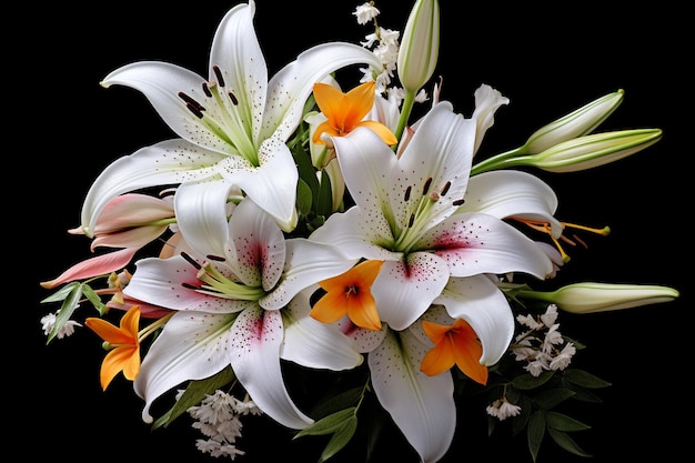 Fotografia di alto livello di un bouquet di gigli su uno sfondo bianco per una sensazione minimalista