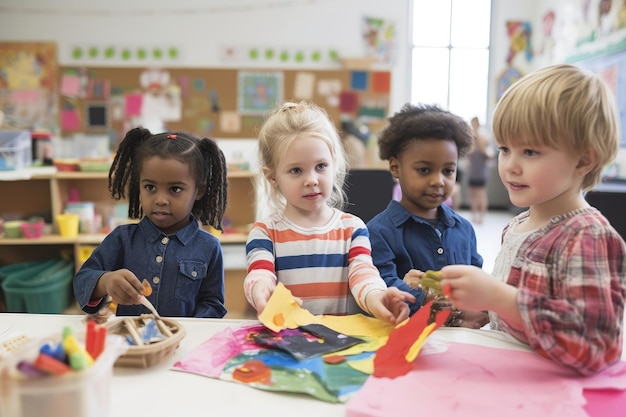 Fotografia di bambini in età prescolare che lavorano a un progetto artistico creato con l'AI generativa