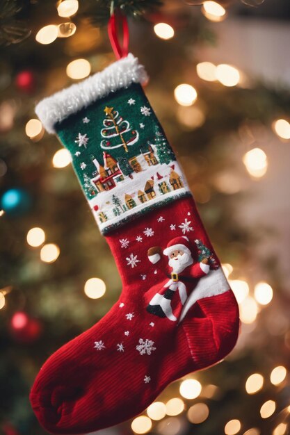 Fotografia di calzini di Natale con ornamenti di Natale sullo sfondo carta da parati natalina