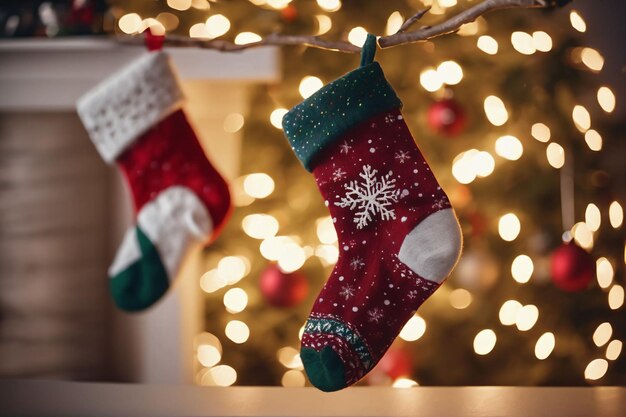 Fotografia di calzini di Natale con ornamenti di Natale sullo sfondo carta da parati natalina