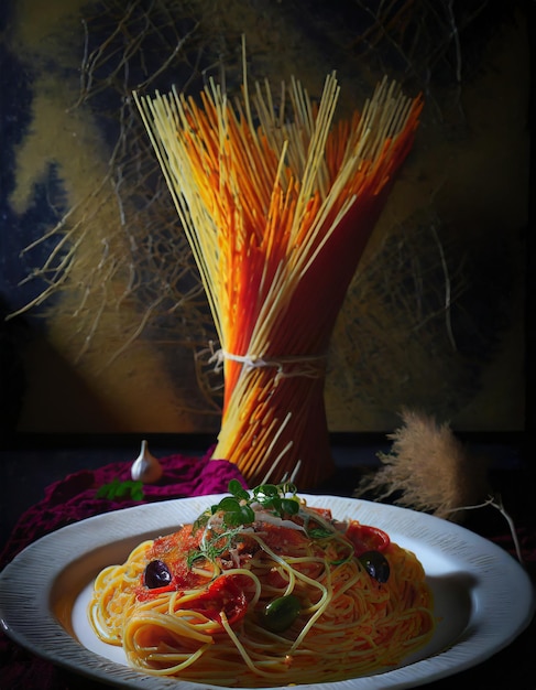 fotografia di cibo di spaghetti serviti a un tavolo con illuminazione fresca