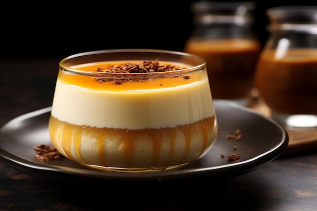 Fotografia di cibo di un dolce dessert al caramello che cattura la bellezza indulgente di una cremosa crema pasticcera alla vaniglia sormontata da un delizioso strato di zucchero caramellato
