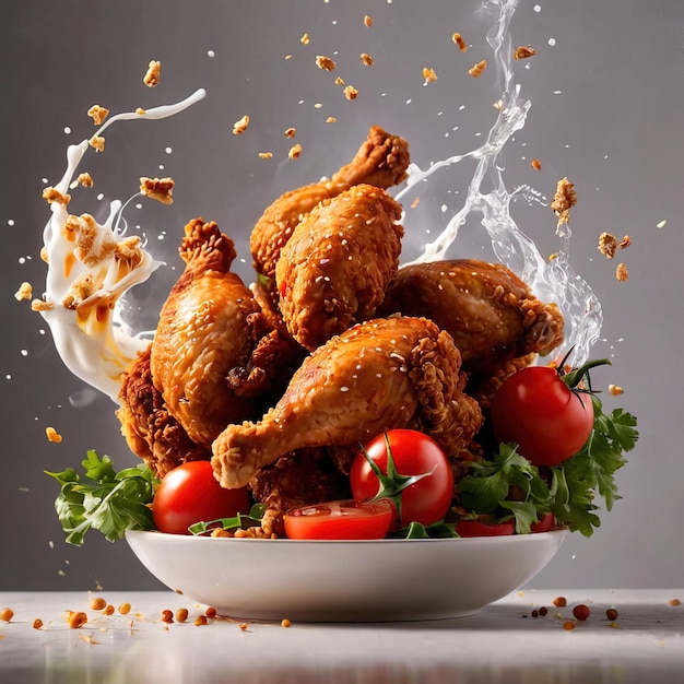 Fotografia di cibo in volo con pollo fritto