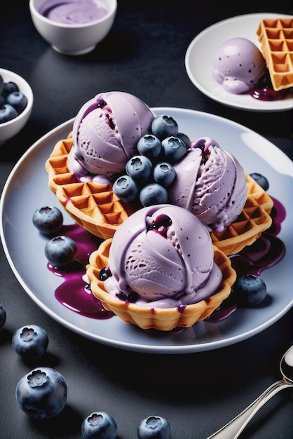 Fotografia di ciotole di gelato di mirtilli con un waffle