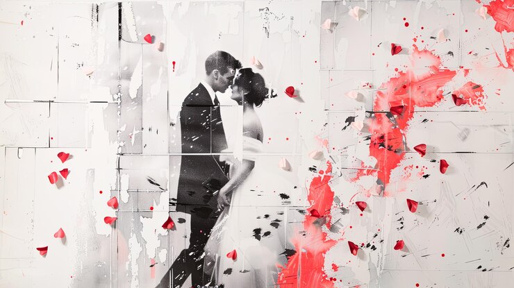 Fotografia di coppia in bianco e nero, matrimonio, amore, romanticismo, cuori rossi, origami, arte astratta, background design, decorazione contemporanea, moderna, minimalista, San Valentino.