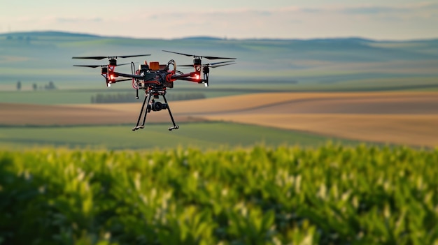 Fotografia di droni agricoli in azione che sorvolano su vasti campi per monitorare la salute delle colture