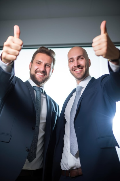 Fotografia di due uomini d'affari che applaudono e danno un segno di successo al lavoro