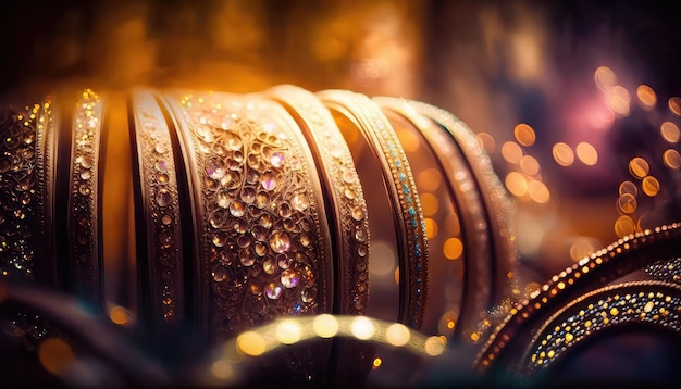 Fotografia di gioielli con braccialetti etnici indiani per un aspetto glamour da sposa generativo ai