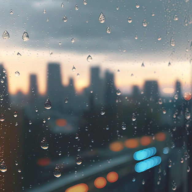 Fotografia di gocce di pioggia sul vetro delle finestre a fuoco con lo skyline della città blured sullo sfondo