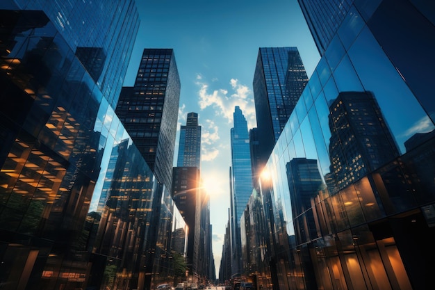 Fotografia di grattacieli aziendali urbani ripresi dal basso verso un cielo blu IA generativa