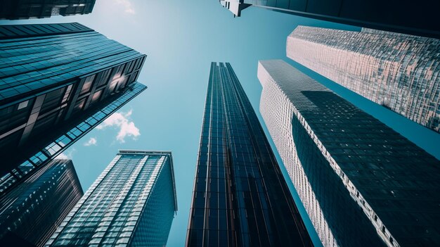 Fotografia di grattacieli aziendali urbani sparati dal basso verso un concetto di città interna di affari del cielo blu IA generativa