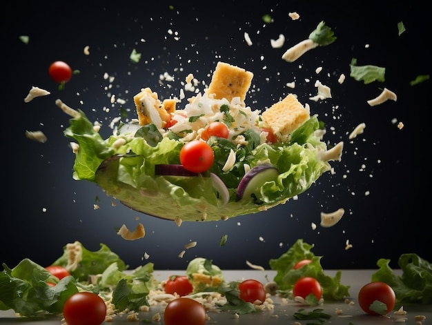 Fotografia di insalata volante nell'aria con formaggio e lattuga