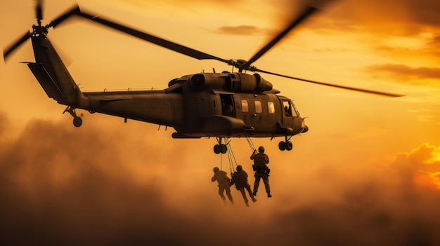 fotografia di marines che scendono dall'elicottero con la corda durante il tramonto