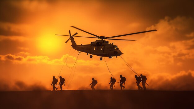 fotografia di marines che scendono dall'elicottero con la corda durante il tramonto