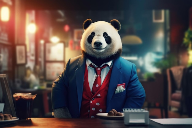 Fotografia di moda di un panda antropomorfo vestito da uomo d'affari in ufficio