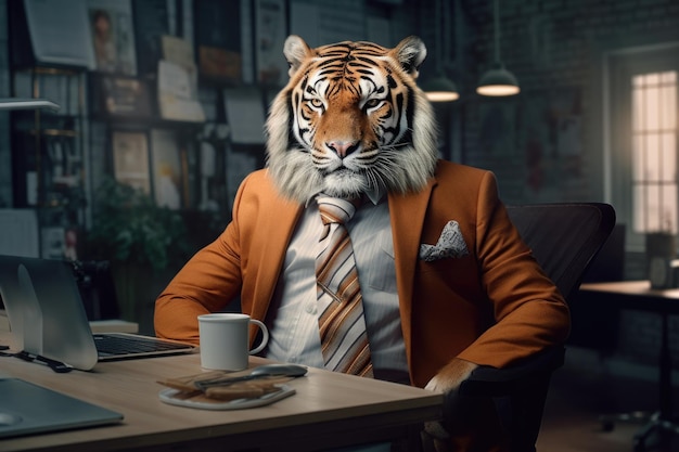 Fotografia di moda di una tigre antropomorfa vestita da uomo d'affari in ufficio