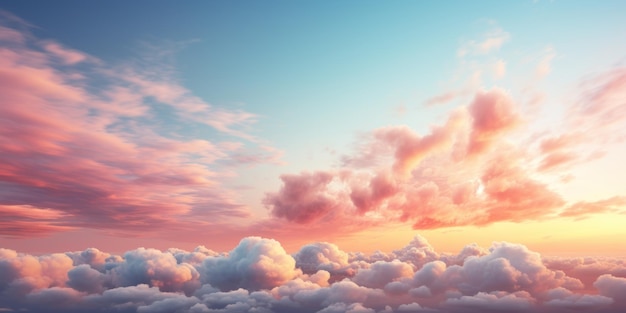 Fotografia di morbide nuvole color pastello che si fondono perfettamente con il caldo orizzonte del tramonto creando uno sfondo tranquillo con il cielo