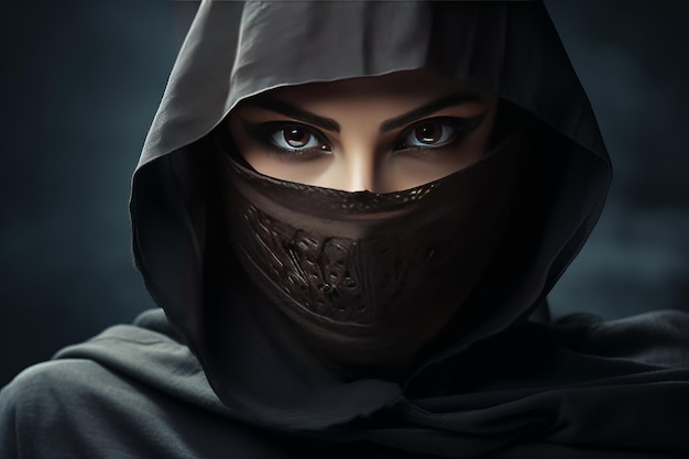 fotografia di ninja femminile con spada su sfondo grigio