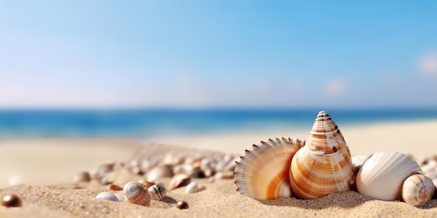 Fotografia di paesaggio spiaggia Conchiglia sulla spiaggia sabbiosa contro il bellissimo mare blu