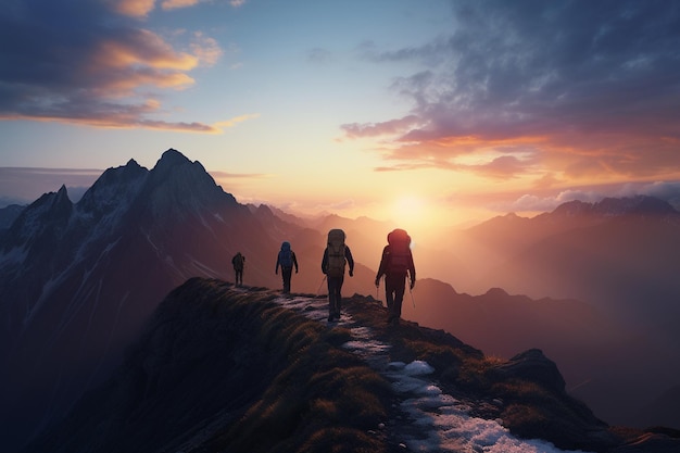 Fotografia di persone che camminano in montagna con una vista panoramica al tramonto
