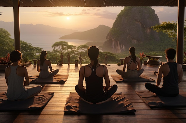 Fotografia di persone che praticano lo yoga in luoghi esotici